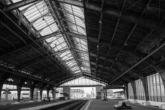 Platform of the railway station in Kaliningrad, Russia, black-and-white photo, old photo