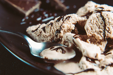 Chocolate ice cream on a dark plate