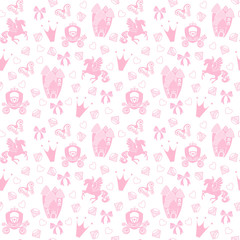 Princess Seamless Pattern for textile with castle, crown, butterfly, diamond. Abstract seamless pattern for girls. Magical Cinderella cute vector seamless pattern with Pegasus, castle, carriage.