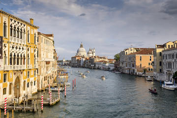 View from Academia bridge on Grand Canal and Basilica Santa Maria della Salute and cruise ship, Venice, Italy