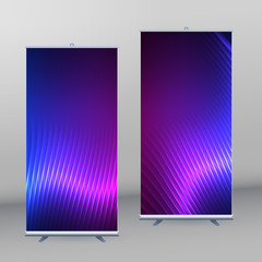 Roll up mockup vertical banner background blue purple neon effect