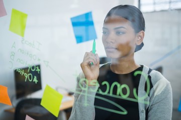 Thoughtful businesswoman writing on glass