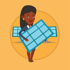 Woman holding solar panel vector illustration.