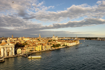 Venetian aerial view from the cruise ship which leaves the port of Venice (Venezia Terminal Passegeri Porto). Italy.