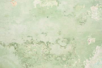 The texture of the old antique wall is green, there are fractures of the white protective layer of plaster from the effects of high humidity and atmospheric phenomena
