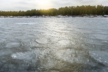 The ice on lake Ladoga. The frozen water. The texture on the ice.
