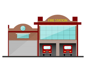 Fire station building with cars in flat design. Isolated object on white background.