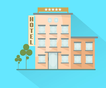 Hotel icon on blue background flat design illustration. 