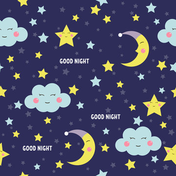 Good Night seamless pattern with cute sleeping moon, stars and clouds. Sweet dreams background. Vector illustration.
