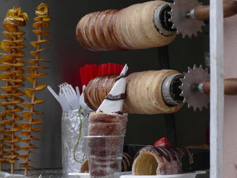 stall with tasty traditional sweet czech trdlo