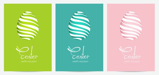 Colorful Happy Easter greeting cards with eggs and calligraphic text. Easter egg 3d vector illustration.