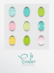 Colorful Happy Easter greeting card with eggs and calligraphic text. Set of Easter eggs with Stripes, Polka Dot and Flower Patterns in Pink, Blue, Yellow. Vector illustration