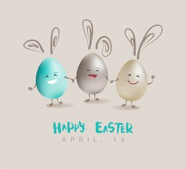Happy Easter greeting card with funny eggs and calligraphic text. Easter egg 3d vector illustration. Golden, beige and turquose colors.