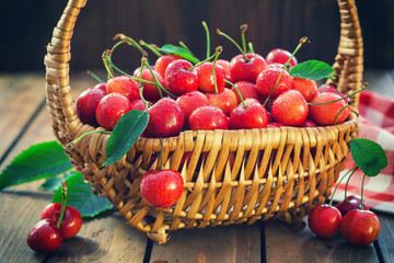 Fresh sweet cherries in a basket