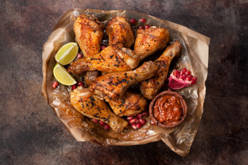 Roasted grilled chicken drumsticks with spicy sauce