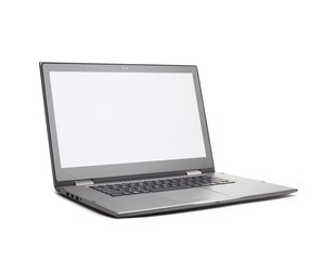 Fototapeta premium Stylish Laptop with blank white screen. Isolated on white background