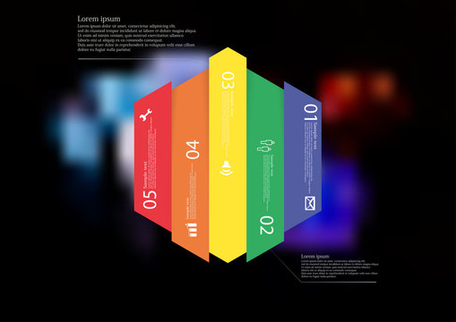 Illustration infographic template with hexagon vertically divided to five color parts
