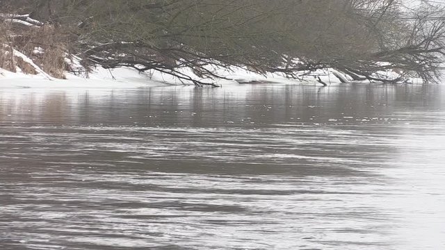 river flows in early spring, snow shore