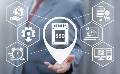 SSD Upgrade Eectronic Devices. Solid State Drive Setup, Setting, Maintenance, Installation. Computer and mobile hardware repair service business concept. Man offer location ssd icon.