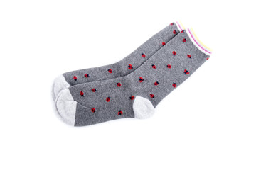 Women's Gray Socks with Lady Bug Design Isolated on White