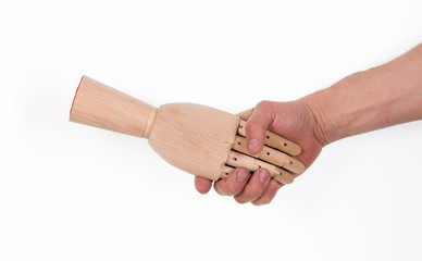 Handshake, wooden hand