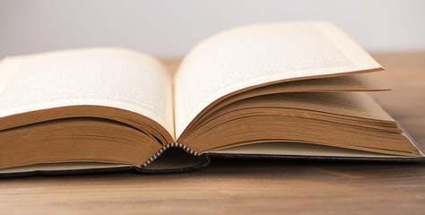 Open book on brown table.
