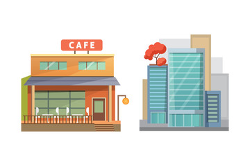 Flat design of retro and modern city houses. Old buildings, skyscrapers. colorful cottage building, cafe house.