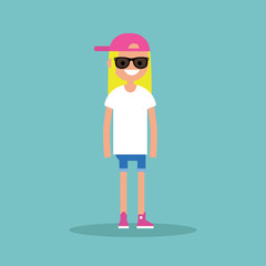 Young blond girl wearing sunglasses / editable flat vector illustration, clip art