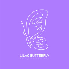 Continuous line butterfly White one line drawing on lilac backgr