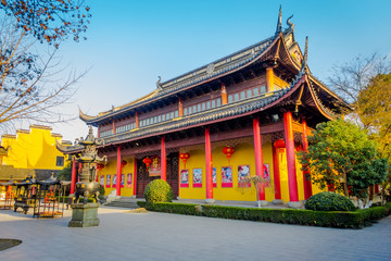 Fototapeta premium SHANGHAI, CHINA - 29 JANUARY, 2017: Beautiful traditional chinese buildings located inside Zhouzhuang water town, ancient city district with channels and old buildings, charming popular tourist area