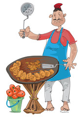 An indian street vendor offers traditional dish. Cartoon.