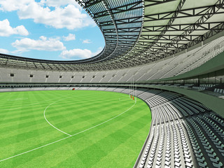 Fototapeta na wymiar 3D render of a round Australian rules football stadium with white seats and VIP boxes