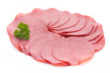 Salami smoked sausage one slice isolated on white background cutout.