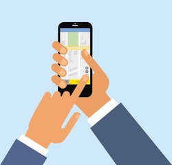 Taxi service. Smartphone and touchscreen. Transportation network app, calling a cab by mobile phone concept. Navigator