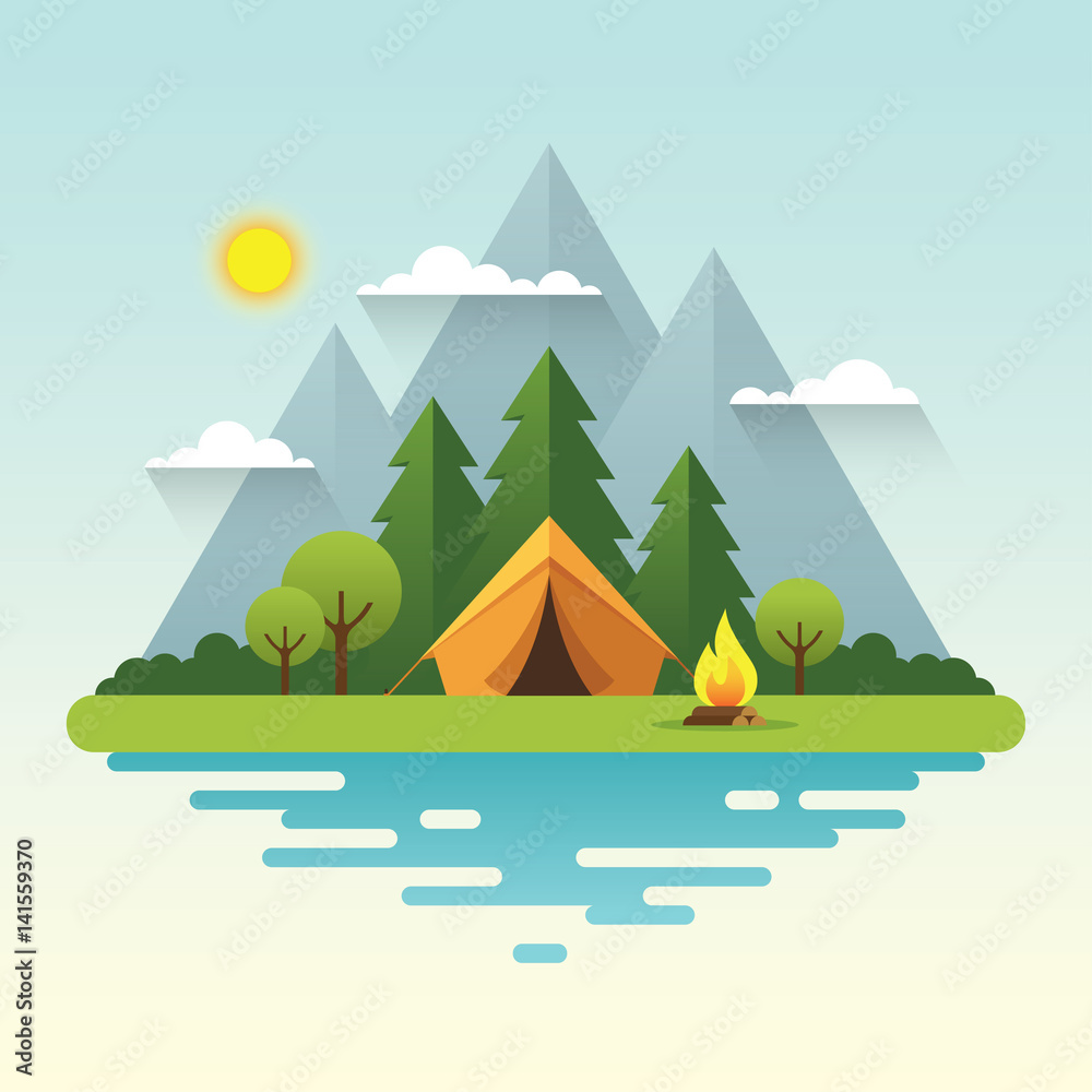 Wall mural sunny day camping illustration in flat style