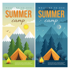 Day and night summer camp banners - obrazy, fototapety, plakaty