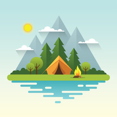 Sunny day camping illustration in flat style