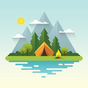 Sunny day camping illustration in flat style