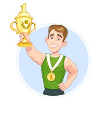 Winner sportsman with cup and medal, isolated white background.