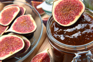 Fig jam in a jar. Homemade fruit jam