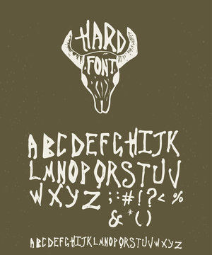 Hard font. Handwritten alphabet in biker style. Vector illustration.