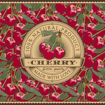 Vintage Cherry Label On Seamless Pattern