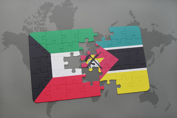 puzzle with the national flag of kuwait and mozambique on a world map