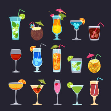Tropical cocktails, juice, wine and champagne glass set on black background. Vector hand drawn doodle illustration. Various isolated cocktail glass with beverages.