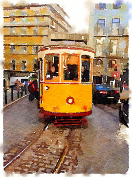 Digital watercolor painting of a traditional vintage yellow tram in Lisbon, Portugal, traveling through the city with the tram line showing.