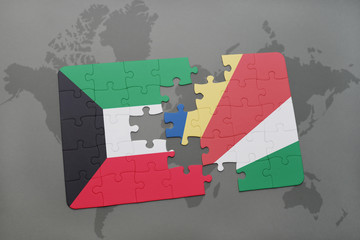 puzzle with the national flag of kuwait and seychelles on a world map