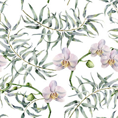 Fototapety  Akwarela zwrotnikowy wzór z eukaliptusem i białymi orchideami. Ręcznie malowane egzotyczny ornament z gałęzi z liśćmi na białym tle. Naturalny nadruk do projektowania, tkaniny.
