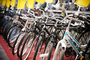 Row of new bicycles in supermarket