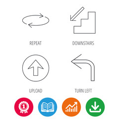 Arrows icons. Upload, repeat and shuffle linear signs. Turn left, downstairs arrow flat line icons. Award medal, growth chart and opened book web icons. Download arrow. Vector