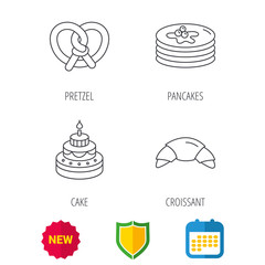 Croissant, pretzel and pancakes icons. Sweet cake linear sign. Shield protection, calendar and new tag web icons. Vector